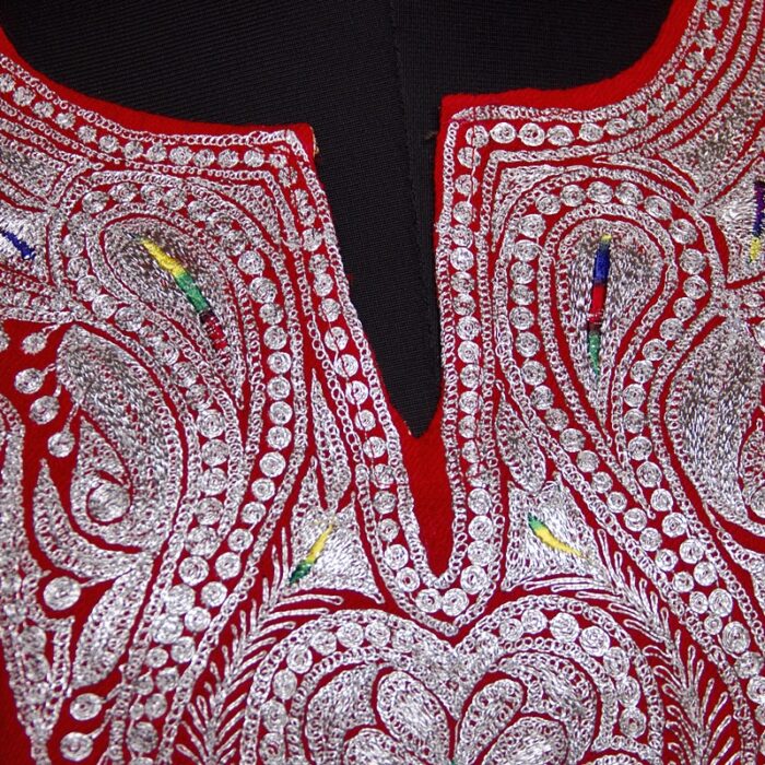 Red Raffal Tilla Pheran with Tilla work - Image 3