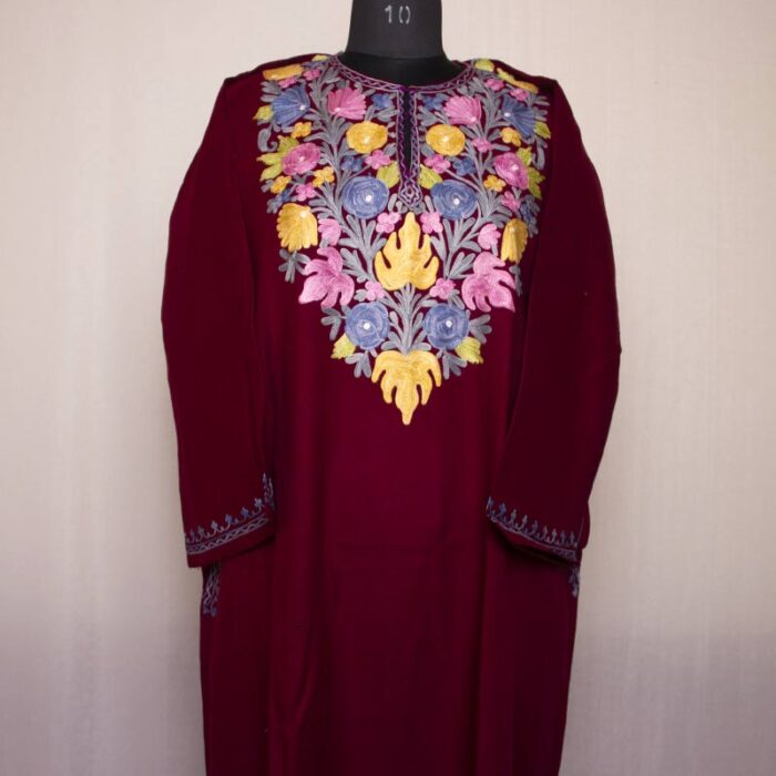 Maroon Wine Cashmilon Aari Pheran