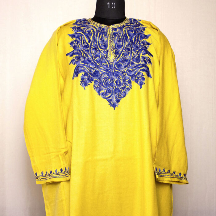 Yellow with Blue Aari Cashmilon Pheran