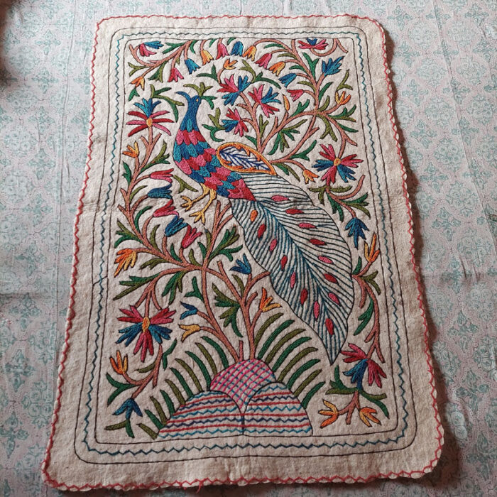 Peacock Handmade Aari Embroidered Namda Rug 5x3