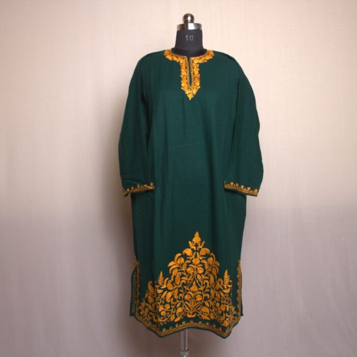 Dark Green Aari Daman Work Cashmilon Pheran