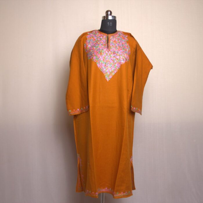 Mustard Gulabi Aari Work Cashmilon Pheran - Image 2