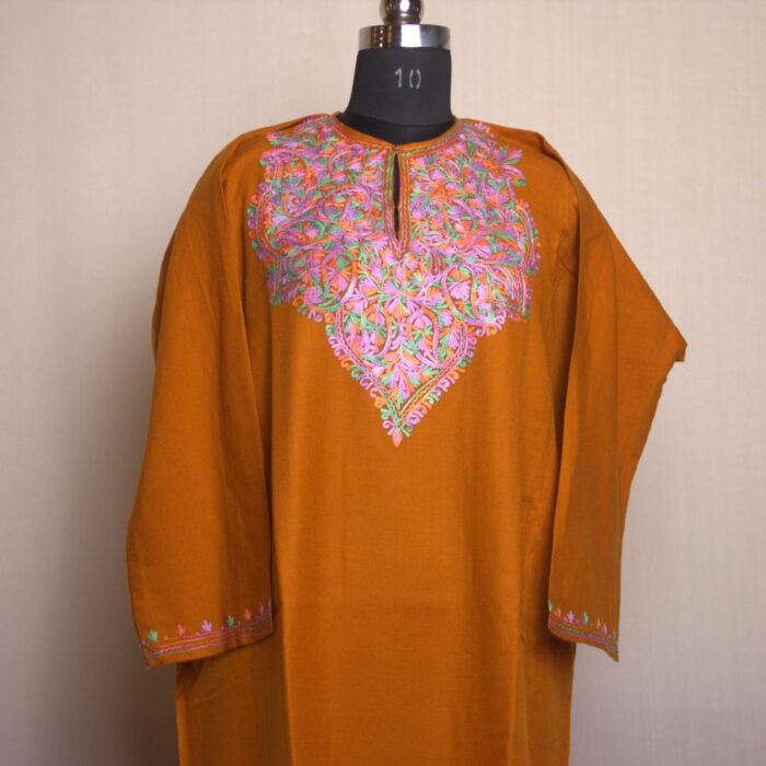 Mustard Gulabi Aari Work Cashmilon Pheran