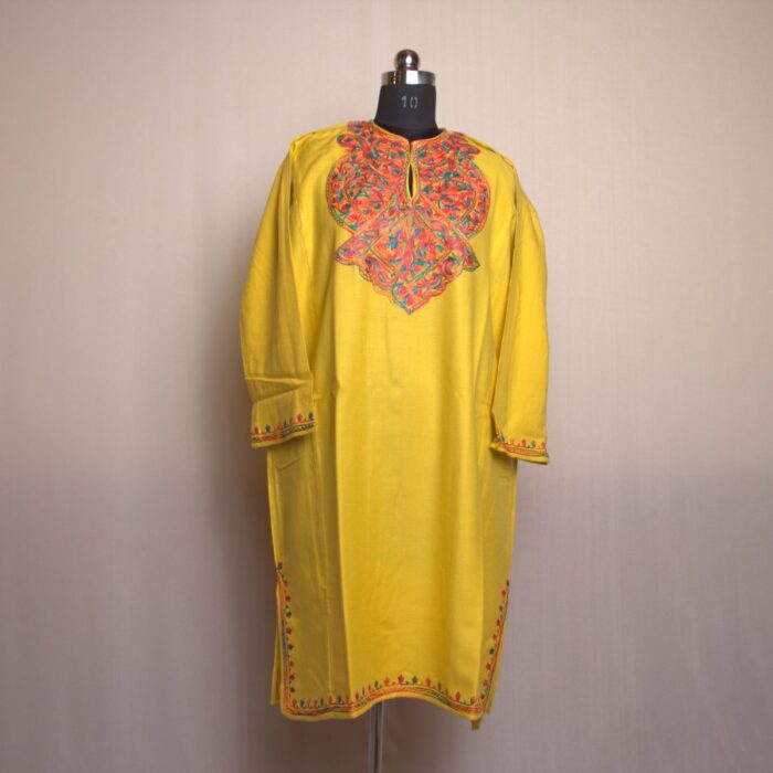 Yellow Rangi Aari Work Cashmilon Pheran - Image 2