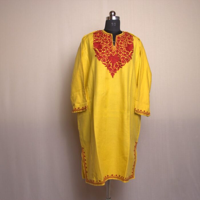 Yellow Harud Aari Work Cashmilon Pheran - Image 2