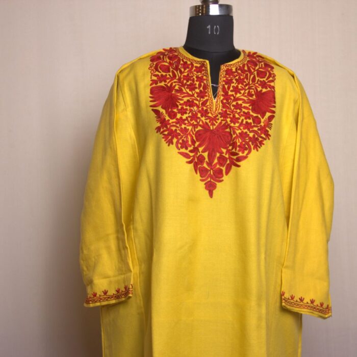 Yellow Harud Aari Work Cashmilon Pheran