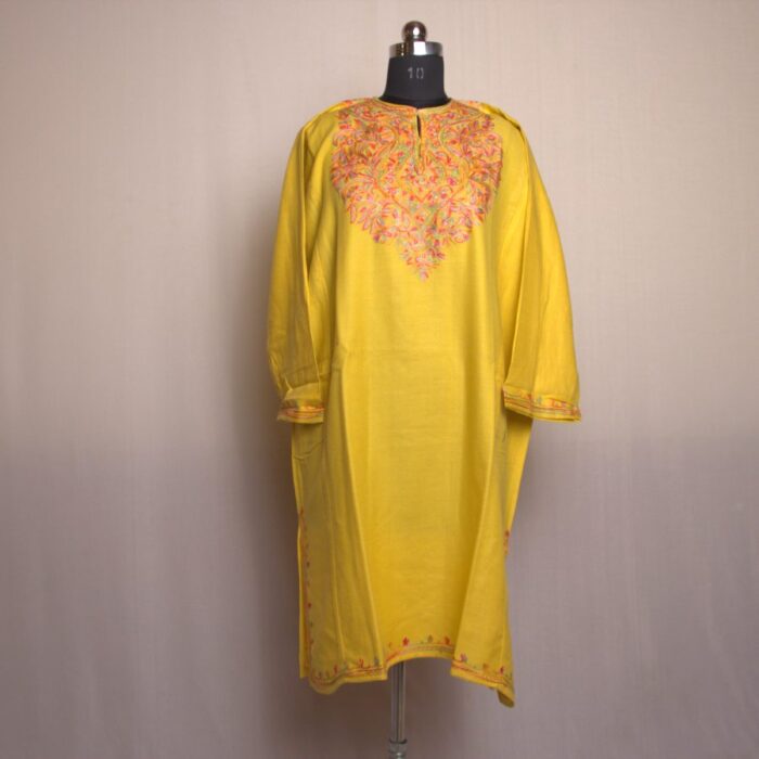 Yellow Rangi Aari Work Cashmilon Pheran - Image 3
