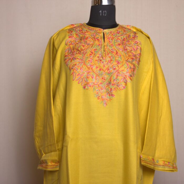 Yellow Rangi Aari Work Cashmilon Pheran