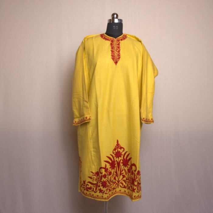 Yellow Maroon Aari Daman Work Cashmilon Pheran Dress Kashmir