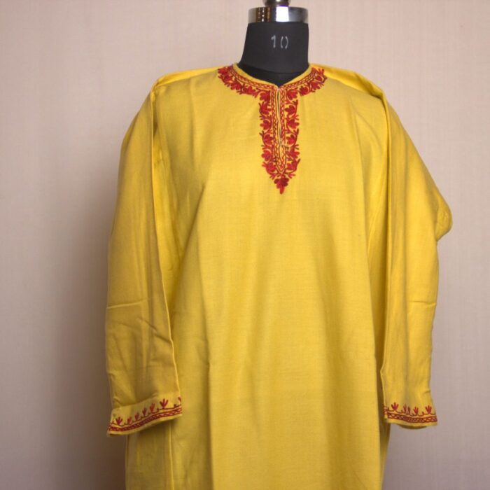 Yellow Maroon Aari Daman Work Cashmilon Pheran Dress Kashmir - Image 2