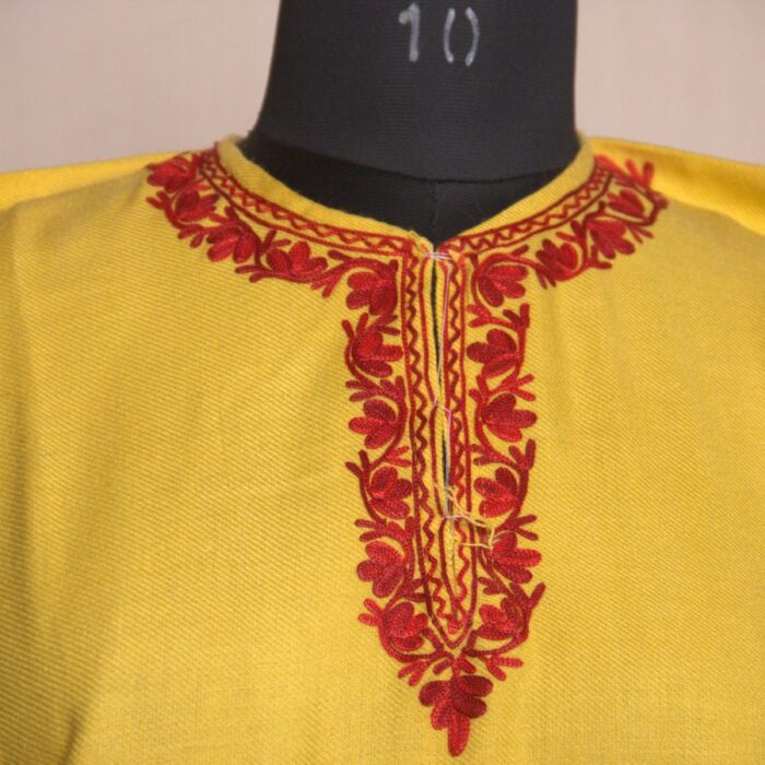 Yellow Maroon Aari Daman Work Cashmilon Pheran Dress Kashmir - Image 3