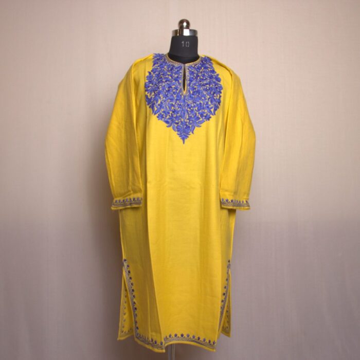 Yellow Nyul Fine Ari Work Cashmilon Pheran - Image 2