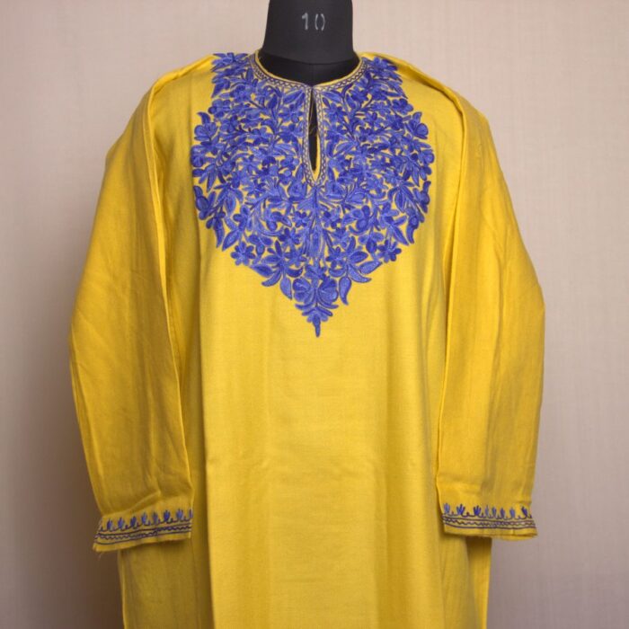 Yellow Nyul Fine Ari Work Cashmilon Pheran