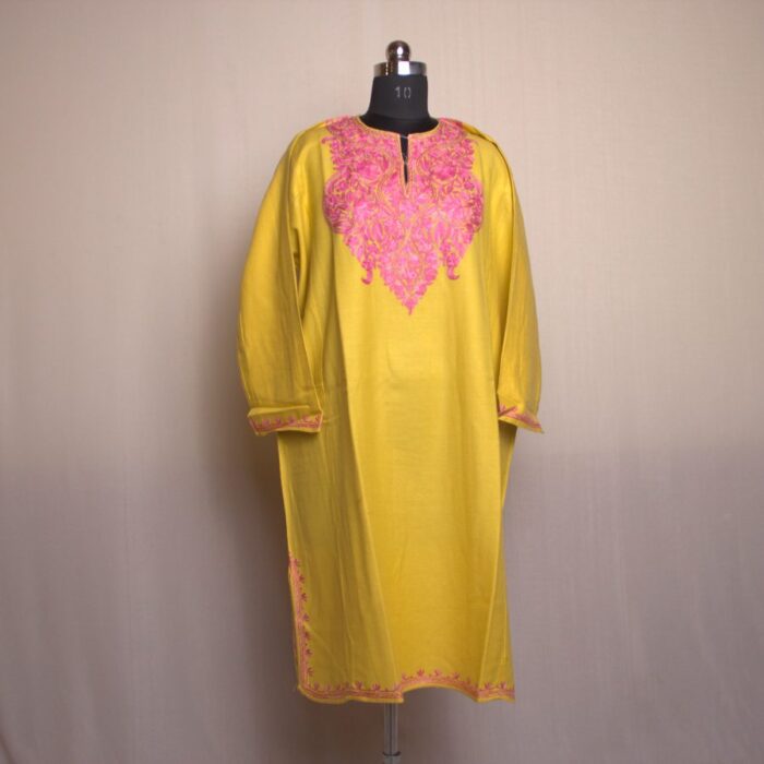Yellow Gulabi Aari Work Cashmilon Pheran - Image 2