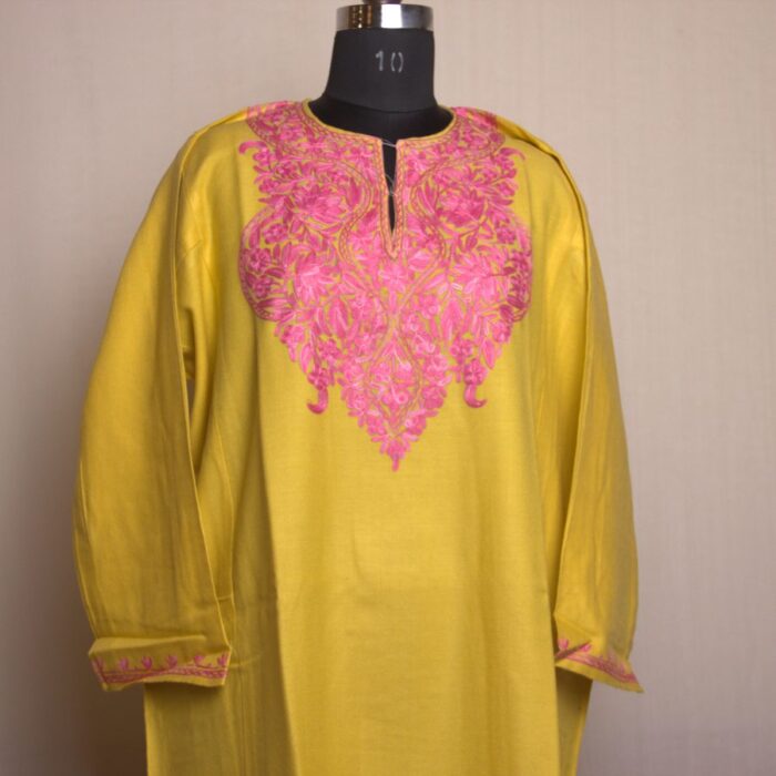Yellow Gulabi Aari Work Cashmilon Pheran