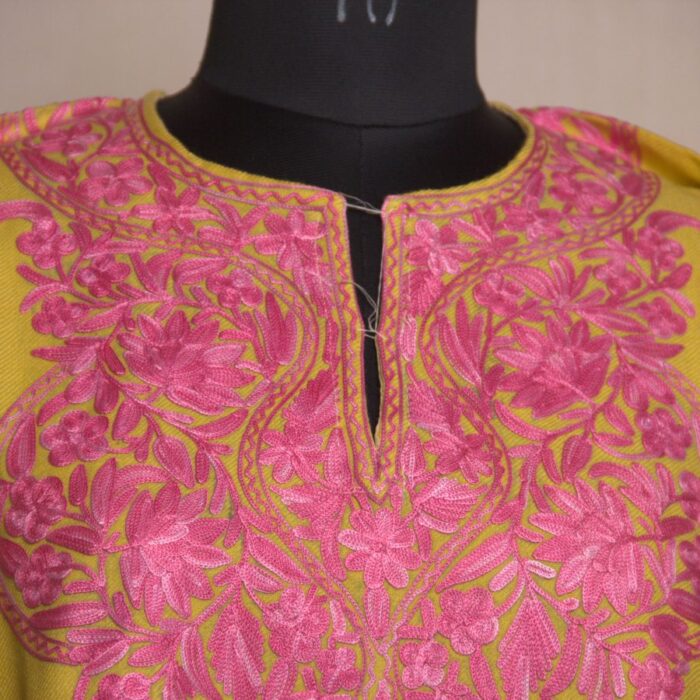 Yellow Gulabi Aari Work Cashmilon Pheran - Image 3