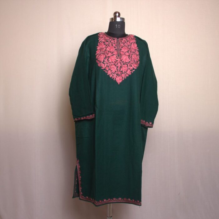 Dark Green Gulabi Fine Ari Work Cashmilon Pheran - Image 2