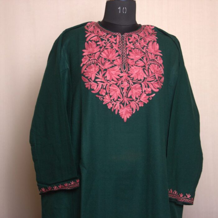 Dark Green Gulabi Fine Ari Work Cashmilon Pheran