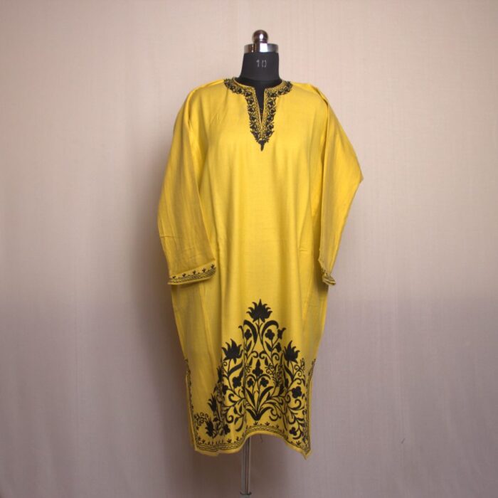 Yellow Aari Daman Work Cashmilon Pheran