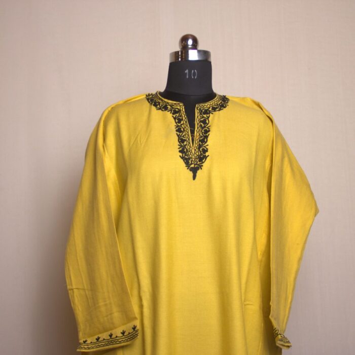 Yellow Aari Daman Work Cashmilon Pheran - Image 3