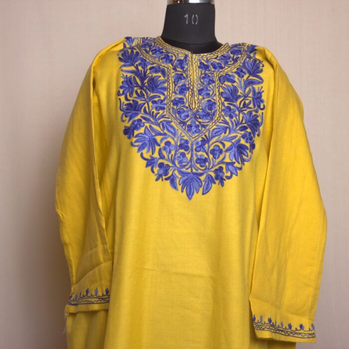 Yellow Aabi Aari Work Cashmilon Pheran