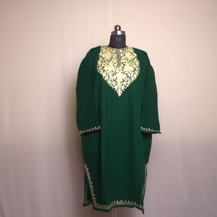 Dark Green Fine Ari Work Cashmilon Pheran - Image 2