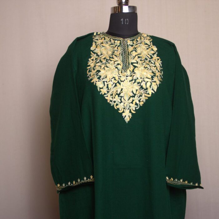 Dark Green Fine Ari Work Cashmilon Pheran