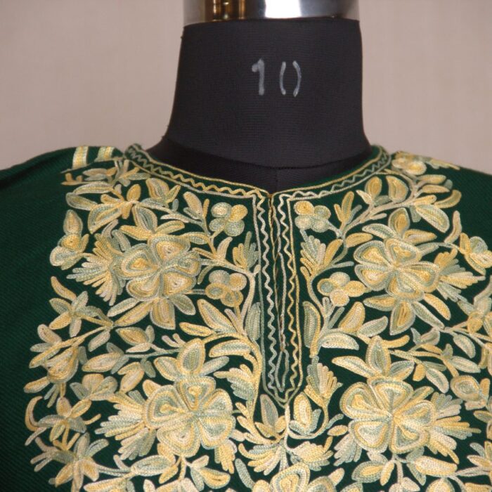 Dark Green Fine Ari Work Cashmilon Pheran - Image 3