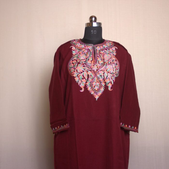 Maroon Shah Aari Work Cashmilon Pheran