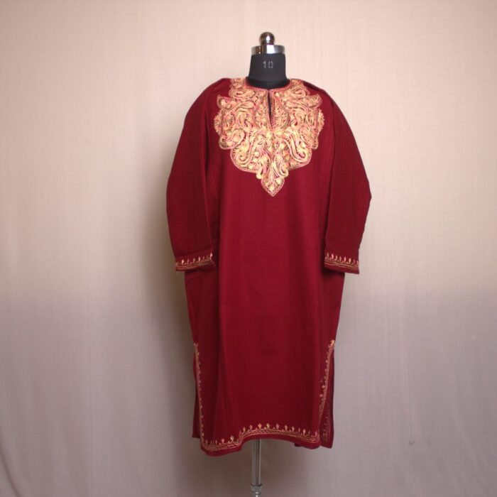 Maroon Shahi Fine Ari Work Cashmilon Pheran - Image 2