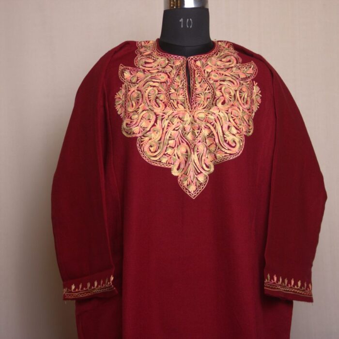 Maroon Shahi Fine Ari Work Cashmilon Pheran