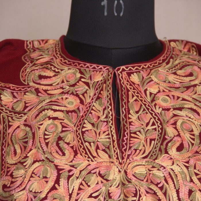 Maroon Shahi Fine Ari Work Cashmilon Pheran - Image 3