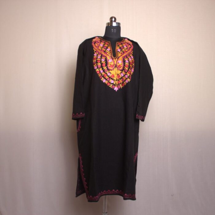 Black Burzhama Aari Work Cashmilon Pheran - Image 3