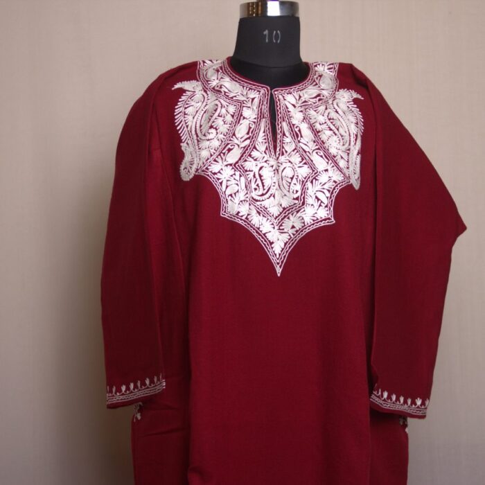 Maroon Zoon Aari Work Cashmilon Pheran