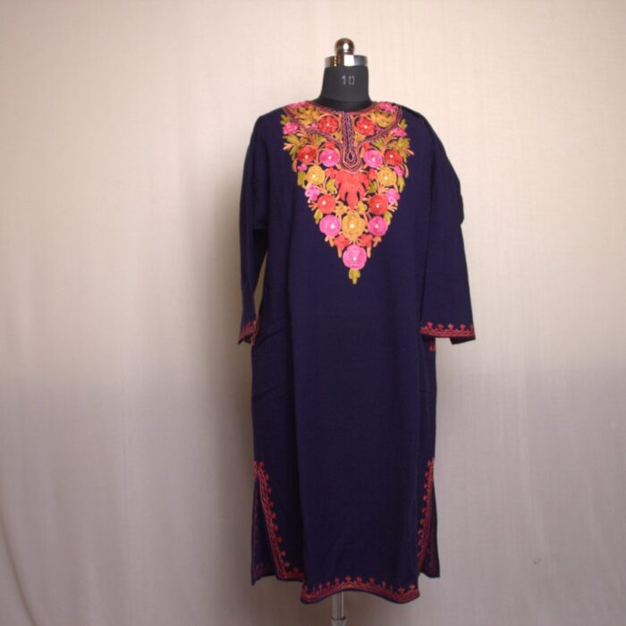 Dark Blue Chinari Aari Work Cashmilon Pheran - Image 2