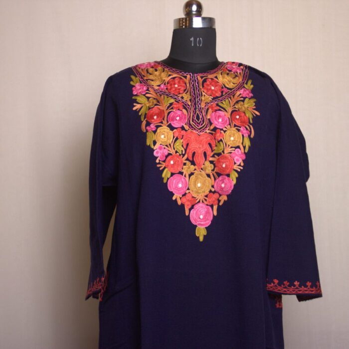 Dark Blue Chinari Aari Work Cashmilon Pheran