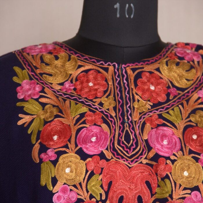 Dark Blue Chinari Aari Work Cashmilon Pheran - Image 3
