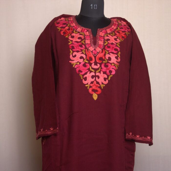 Maroon Ahad Aari Work Cashmilon Phiran