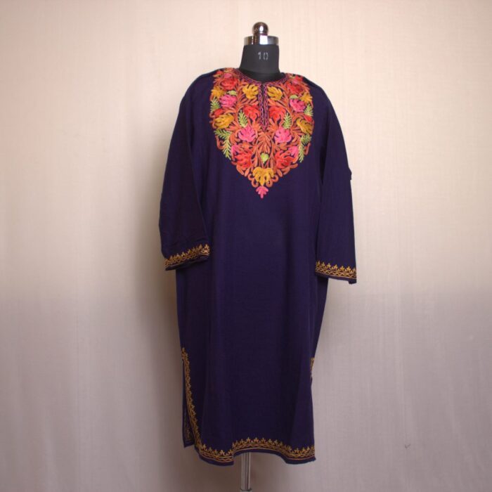 Dark Blue Qazi Aari Work Cashmilon Phiran - Image 2