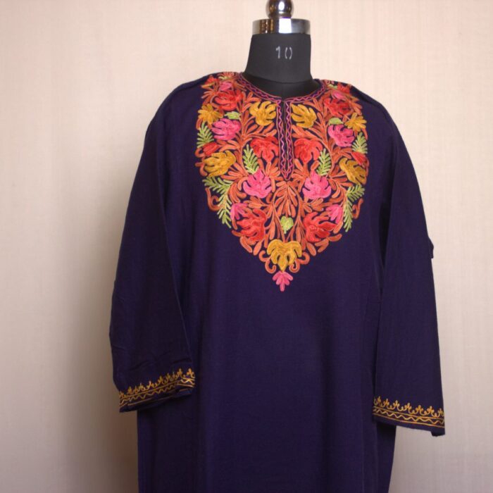 Dark Blue Qazi Aari Work Cashmilon Phiran