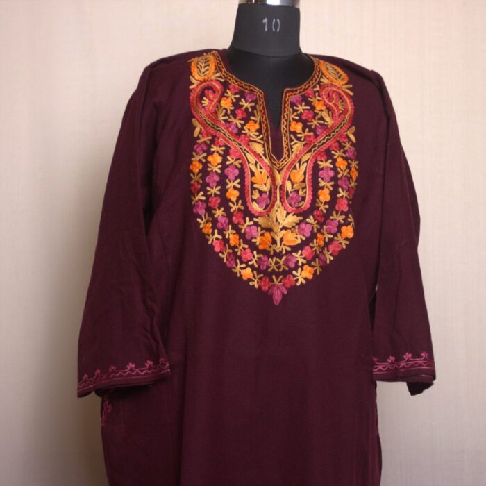 Wine Burzhama Aari Work Cashmilon Phiran