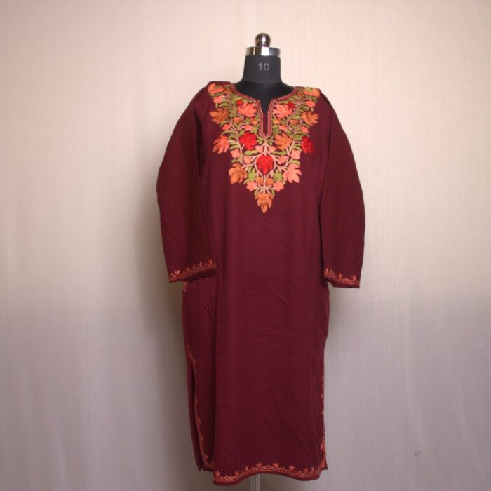 Maroon Chinari Pun Aari Work Cashmilon Phiran - Image 2