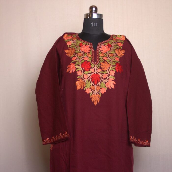 Maroon Chinari Pun Aari Work Cashmilon Phiran