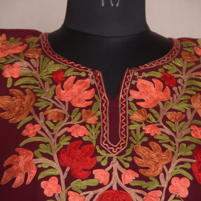 Maroon Chinari Pun Aari Work Cashmilon Phiran - Image 3