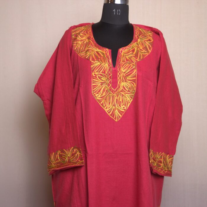 Pink Cashmilon Pheran with Border Aari Work