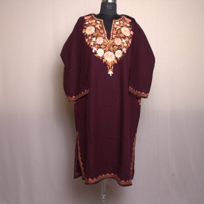 Wine Floral Shahi Aari Work Cashmilon Pheran - Image 2