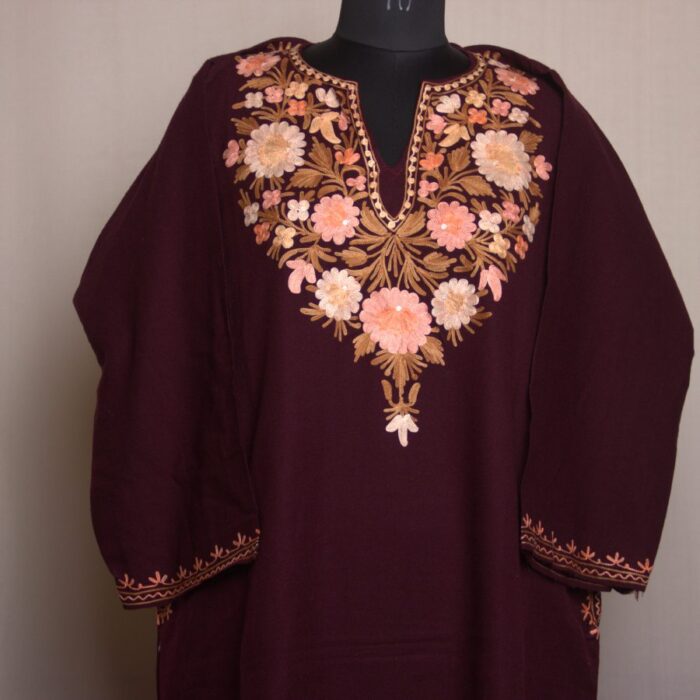 Wine Floral Shahi Aari Work Cashmilon Pheran
