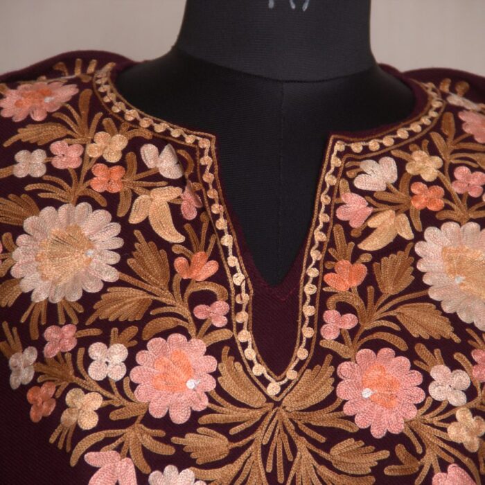 Wine Floral Shahi Aari Work Cashmilon Pheran - Image 3