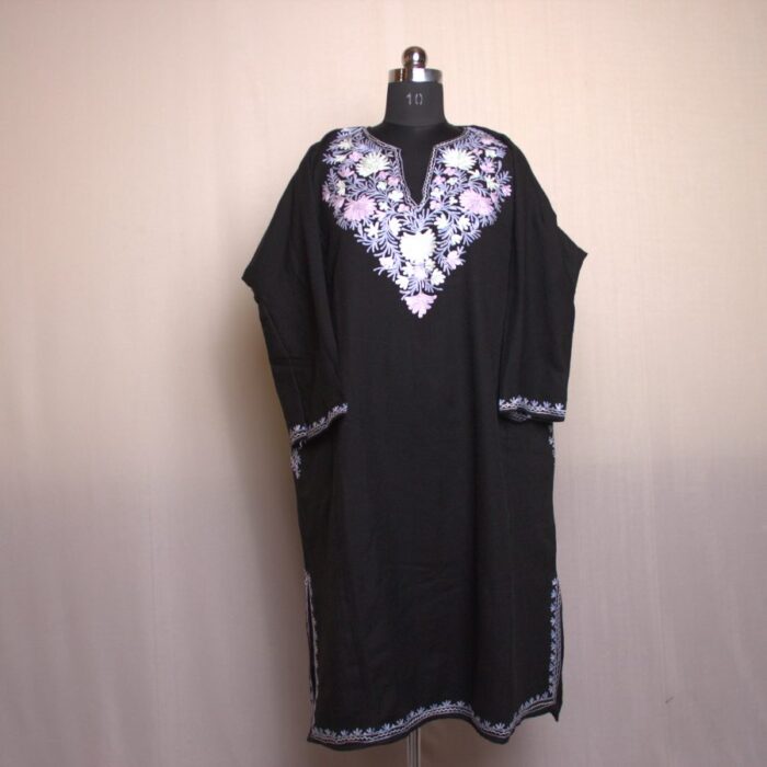 Black Floral Shahi Aari Work Cashmilon Pheran - Image 2