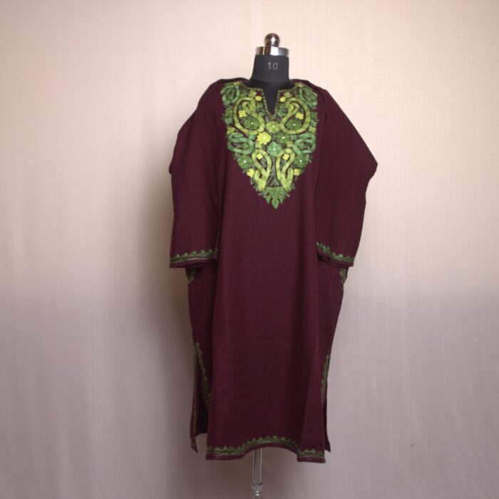 Wine Floral Shahi Aari Work Cashmilon Pheran - Image 2